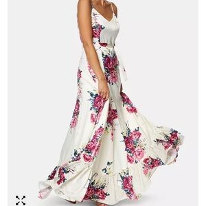 Betsey Johnson Size 14 Cream Floral Maxi Dress – Spaghetti Strap, Pink Roses